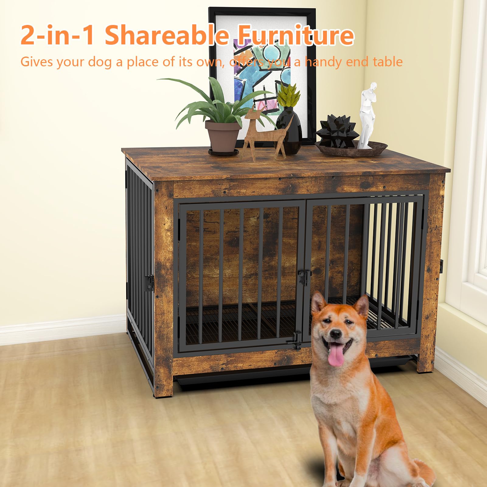 Dog Crate Furniture, Dog Crate End Table for Medium and Large Dogs,Wooden Cage Kennel Furniture Indoor, Modern Dog Crate with Multi-Purpose Removable Tray, Double-Doors Dog Furniture - WoodArtSupply