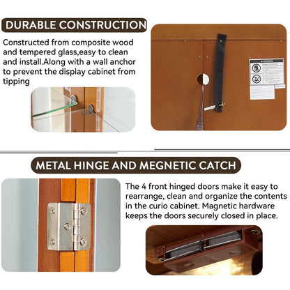 Mcltopz Lighted Curio Cabinet with Tempered Glass Doors, 6 Tiers Curio Diapaly Cabinet with Adjustable Shelves and Mirrored Back Panel, Floor Standing Glass Display Cabinet for Home No Bulb (Oak)