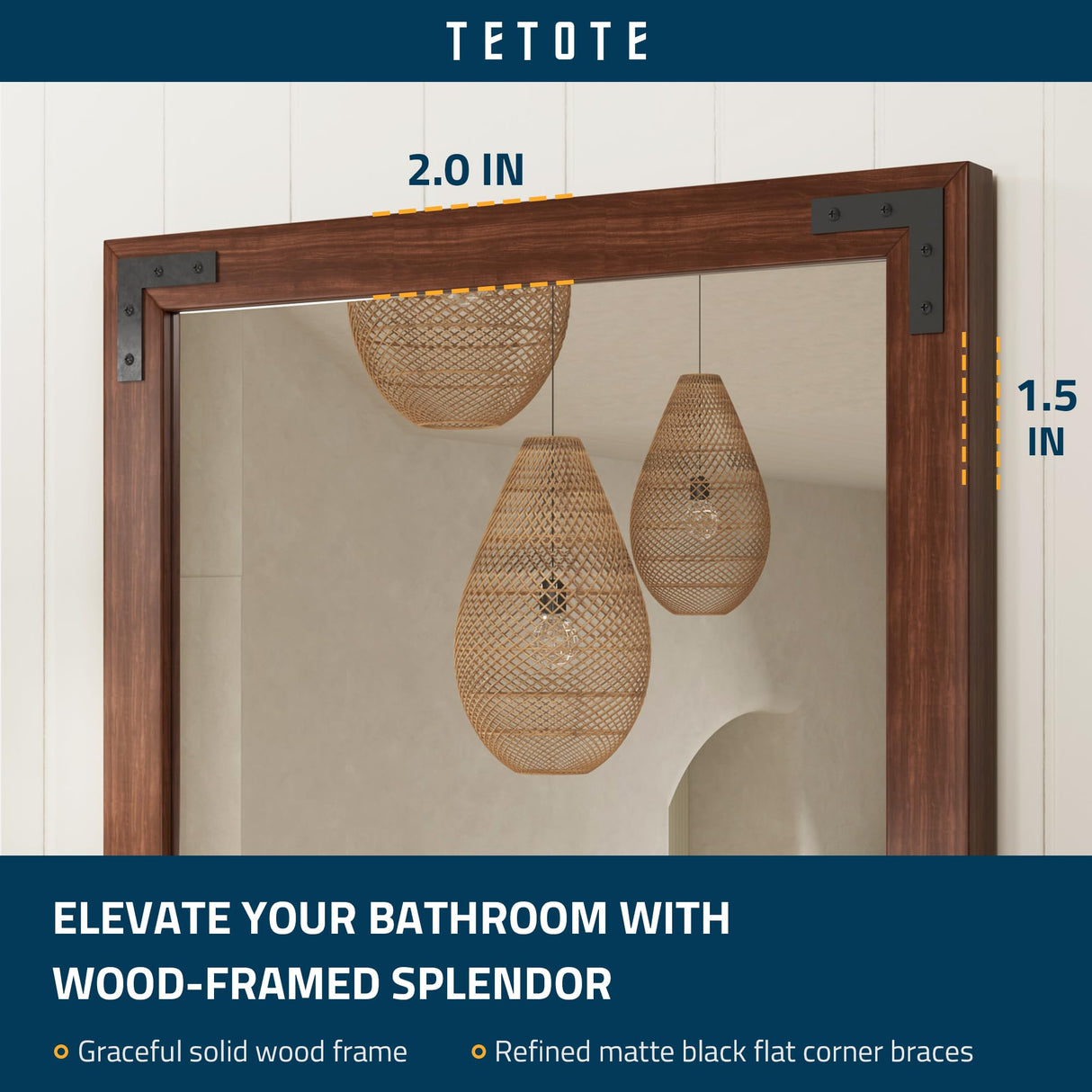TETOTE Wooden Mirror for Bathroom Vanity 30 x 36 Inch Rustic Farmhouse Brown Walnut Wood Frame Rectangle Wall Mirror for Living Room Bedroom Entryway, Horizontal/Vertical, Easy to Install TETOTE