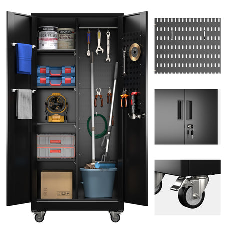 GangMei Garage Storage Cabinet with Wheels and 5 Pegboard, Broom Closet Storage Cabinet with Hanging Rod and 13 Hooks, Metal Cabinets with 4 Shelves for Garage, Home, 71"H x 31.5"W x 15.75"D, Black GangMei