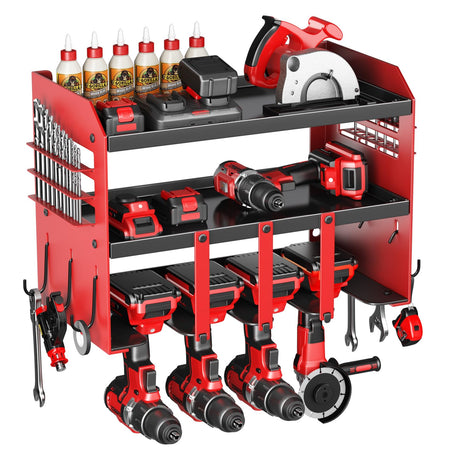 Power Tool Organizer Wall Mount - 120Lbs Load 3 Layers Storage Rack 4 Drill Holders for Drills Cordless Heavy Duty lron Garage Tool Organizer Storage - Workshop Shed Pegboard Basement, Gifts for Men Hipidian