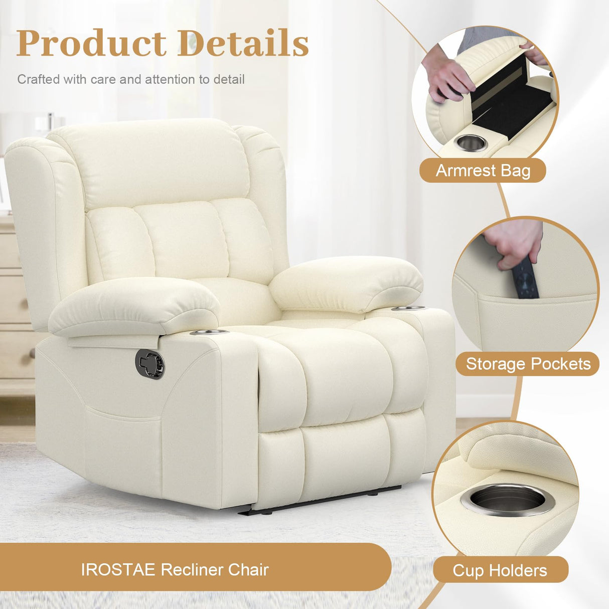IROSTAE Recliner Chair for Adults, Oversized PU Leather Manual Pull Tab Reclining Chair with Cup Holders, Minimalist Style Single Sofa for Living Room, RV (Ivory White) IROSTAE