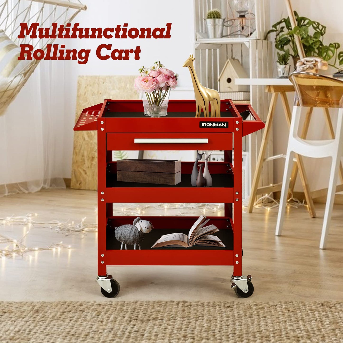 ARNOT 3 Tier Rolling 330 LBS Tool Cart on Wheels for Mechanics, Heavy Duty Tool Cart with Drawers, Perfect for Garage, Warehouse & Repair Shop, Red - WoodArtSupply