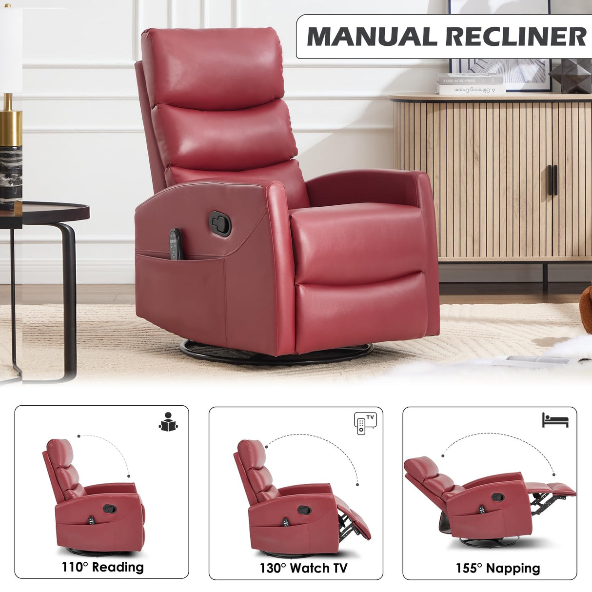 Trustyue Swivel Rocker Recliner Chair, 360° Swivel Recliner with Heat and Massage, Rocker Recliner Easy to Clean Leathery Nursery Glider Recliner Chair with Side Pockets for Living Room Red Trustyue