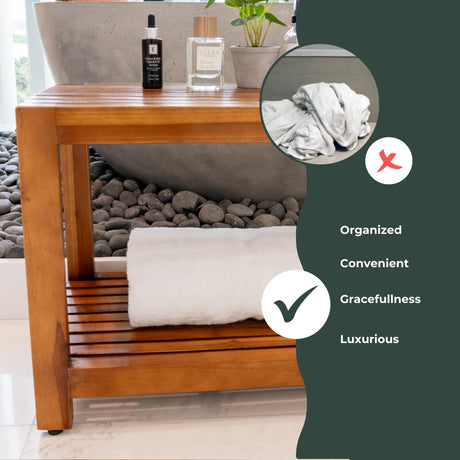 Teak Shower Bench - Fully Assembled 30 inch Shower Bench with Shelf | Water Resistant Shower Benches for Inside Shower to Sit on | Wooden Shower Bench for Spa, Garden, Living Room, Kitchen The Teaky Hut
