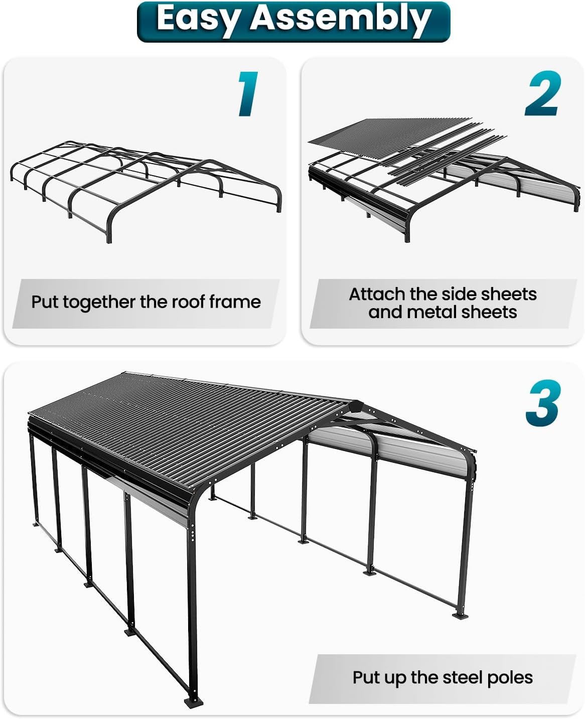 Metal Carport 12x21 Heavy Duty Easy Snow Off & Self Draining Design, 70KG/㎡ Load Ideal for Snow/Rain/Wind Conditions, Enhanced Base & Double Rust Proof Coating & Galvanized for Boats and Car, Truck Hoteel