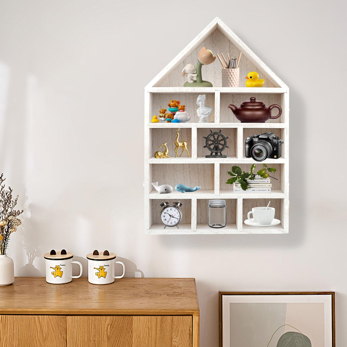 COM4SPORT Wooden Shadow Cubby Box Hanging Figurine Display Shelf White Curio Cabinet Organizer Wall Mounted Display Case Trinket Shelf Miniature Display Shelf for Collectibles (15.7 * 11.8 * 2.75in) COM4SPORT