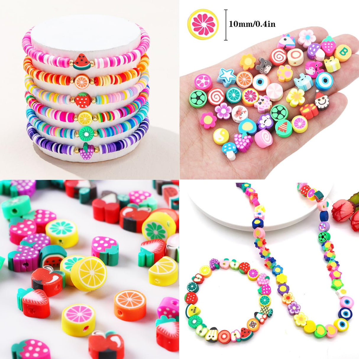 1000PCS Polymer Clay Beads Bracelet Making kit, 24 Style Cute Fun Beads Fruit Flower Animal Cake Butterfly Heart Beads Charms for Jewelry Necklace Earring Making DIY Accessories for Women Girls BBita