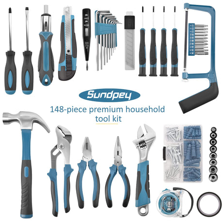 Sundpey Home Tool Kit 148-Pcs - Household Basic portable Hand Repair Tool Set with Case & Ratcheting Screwdriver & Hex Key & Pliers & Wrench & Voltage Tester & Water Pump Plier for Men Women Sundpey