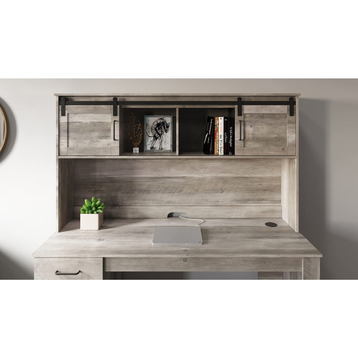 Realspace® Peakwood 65"W Computer Desk with Hutch and Wireless Charging, Smoky Brown Realspace