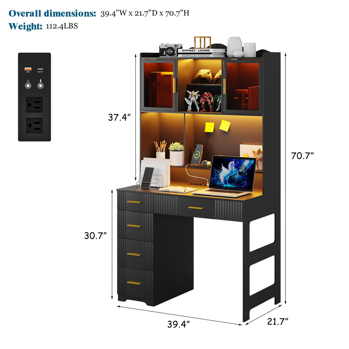 WOOVIVS LED Study Desk with Hutch and Drawer, Home Office Desk with Outlet, Computer Desk with Charging Station, Writing Desk for Bedroom, Workstation for Small Space (Black) WOOVIVS