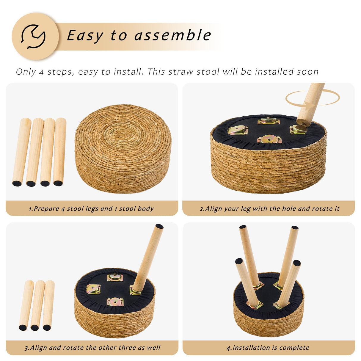 LGENHOOM Handwoven Outdoor Ottoman, Water Hyacinth Pouf Round Patio Footstool with Wood Legs, 17-Inch Multipurpose Vanity Stool, Dining Chair, Patio Footrest for Balcony and Garden, White LGENHOOM