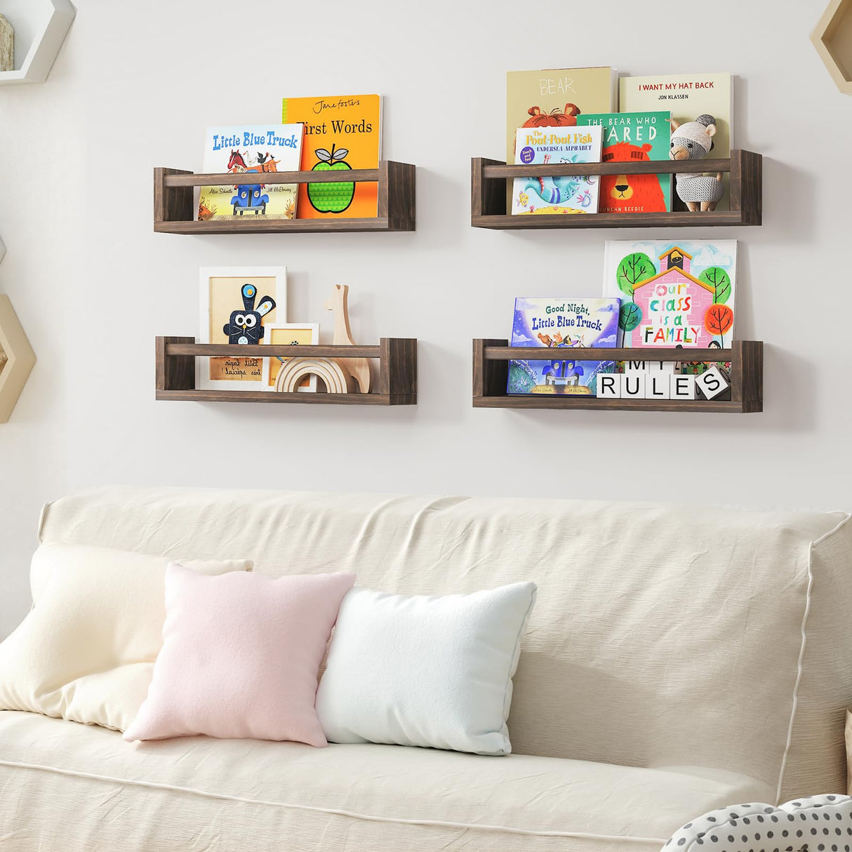 Fixwal Nursery Book Shelves, 16.5 Inch Floating Bookshelves for Nursery and Playroom Decor, Set of 4, Solid Wood Wall Mounted Shelves for Books and Toys Storage (Brown) Fixwal