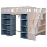Harper & Bright Designs Full Size Loft Bed with Stairs and 2 Four-Layer Storage Cabinets and Curtain, for Kids Teens Adults (White+Blue) Harper & Bright Designs
