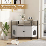 PETSITE Corner Cat Litter Box Enclosure, Litter Box Corner Cabinet with 2 Entrances, Open Shelf, and Double Doors, Industrial/Modern Style Hidden Litter Box Furniture for Cat Kitty (White) PETSITE
