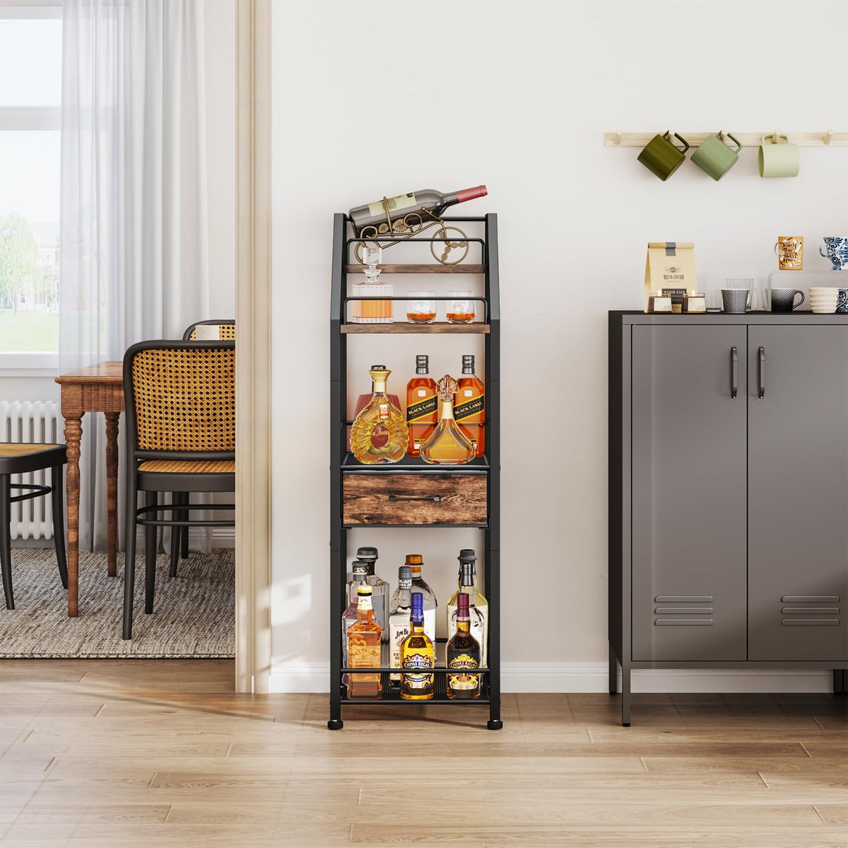 HapiRm Wine Rack Freestanding Floor - 4-Tier Stepped Liquor Cabinet Bar Stand for Home with Fabric Drawer, Wine & Glass Organizer for Living Room, Kitchen, or Dining Room HapiRm