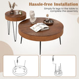 COSTWAY Farmhouse Round Coffee Table Set of 2, Rustic Sofa Side Tea Tables w/Wood Finish, Metal Frame, Adjustable Foot Pads, Nesting End Table Set for Living Room, Bedroom (Radial Pattern, Brown) COSTWAY