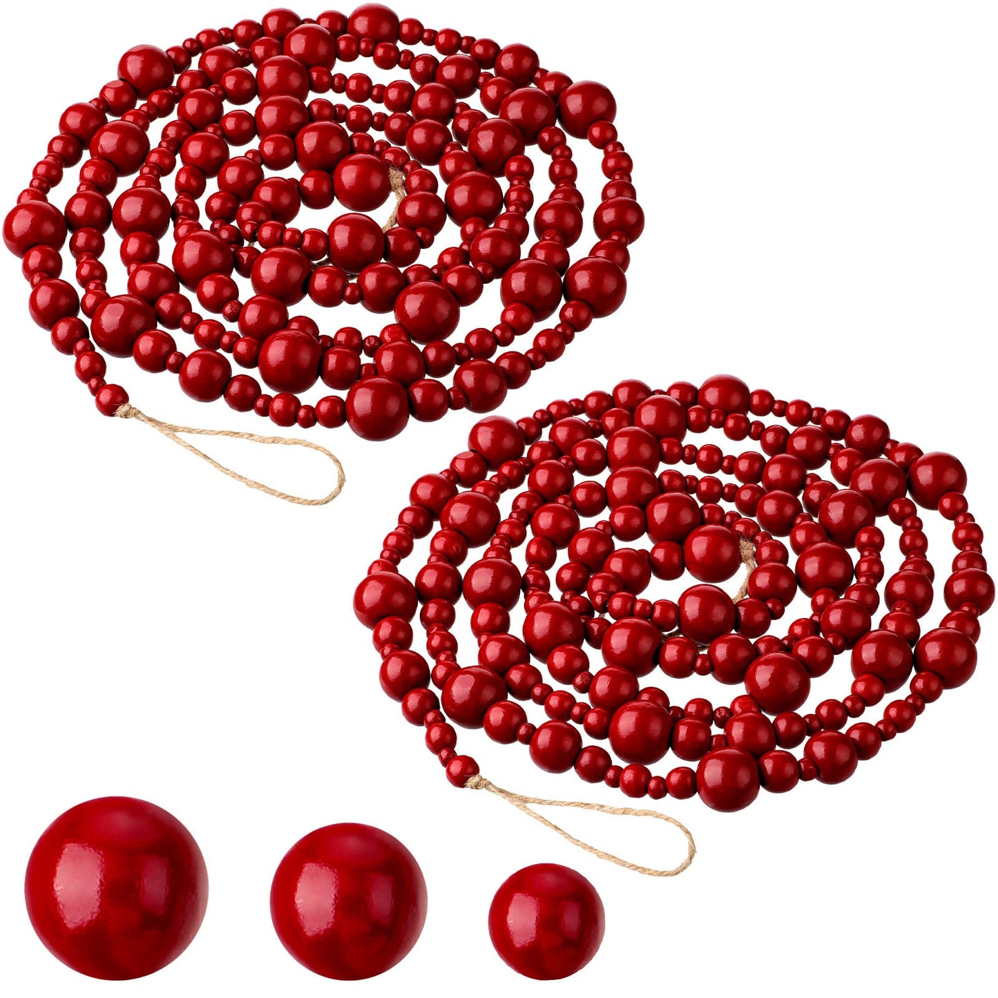 2 Pcs/ 16.4 Feet Christmas Wood Bead Garland Rustic Christmas Wooden Beads Decorative Christmas Tree Wood Beaded Garland Decor Farmhouse Boho Ornaments for Christmas Decoration Supplies (Dark Red)