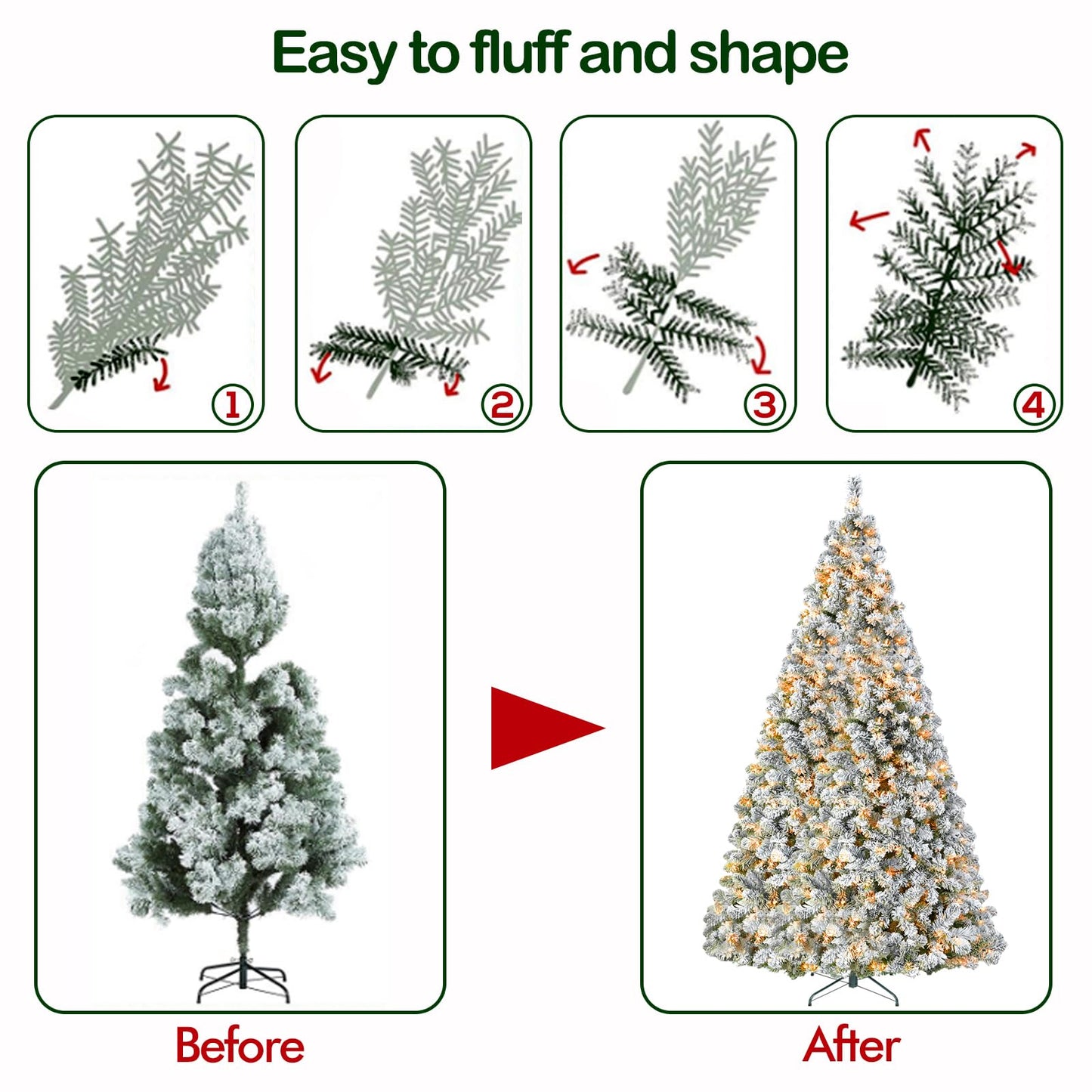 Hykolity 6 ft Prelit Snow Flocked Christmas Tree, Artificial Christmas Tree with 250 Warm White LED Lights, 551 PVC Branch Tips, Easy Assembly with Metal Stand and Hinged Branches