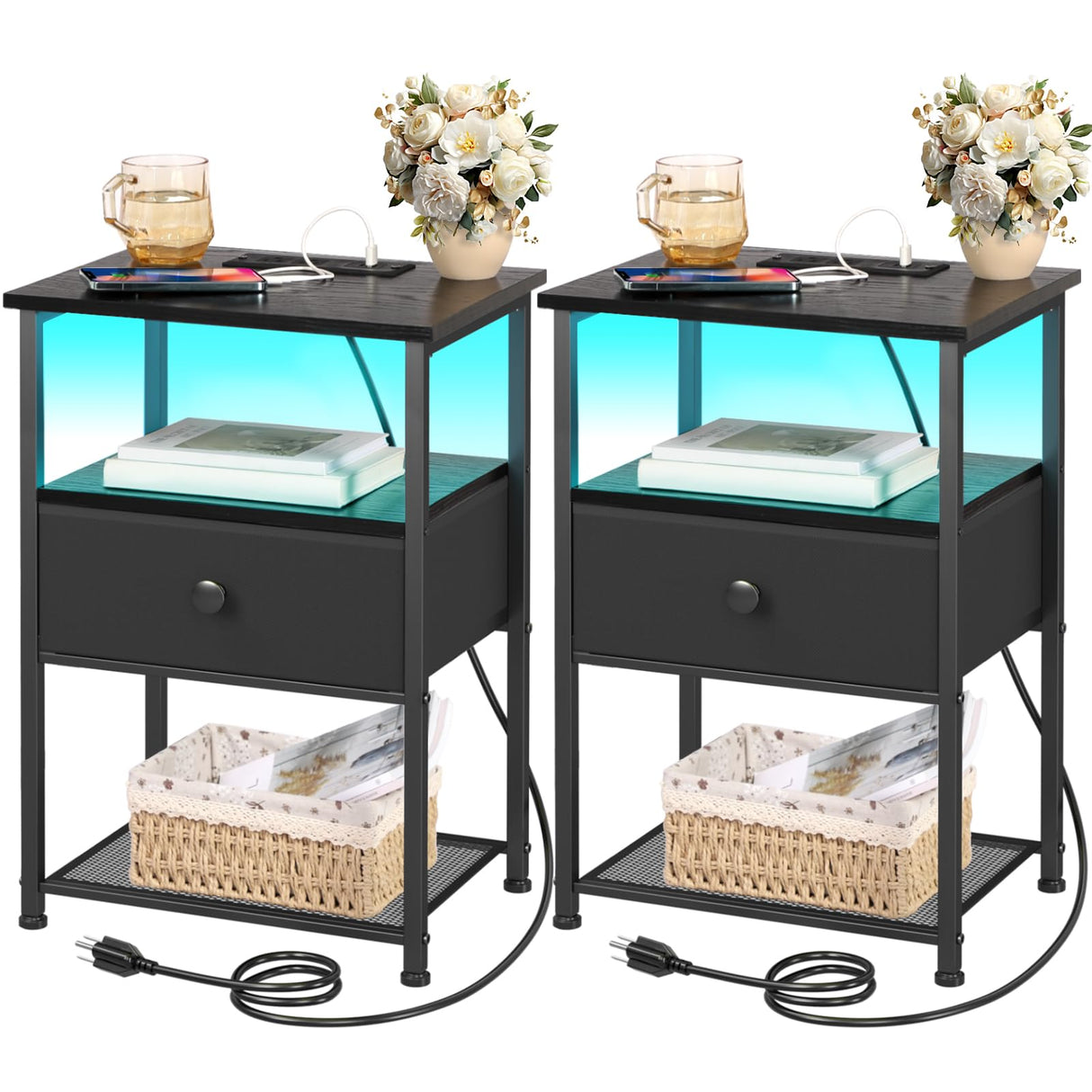 LOAKEKEL Night Stand Set 2, LED Nightstand with Charging Station, End Tables with Fabric Drawer for Small Spaces, Bedside Table with Storage Shelf for Bedroom, Black, HETS01BK LOAKEKEL