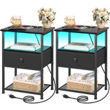 LOAKEKEL Night Stand Set 2, LED Nightstand with Charging Station, End Tables with Fabric Drawer for Small Spaces, Bedside Table with Storage Shelf for Bedroom, Black, HETS01BK LOAKEKEL