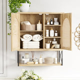 Rattan Bathroom Wall Cabinet, Boho Medicine Wall Cabinet with Double Doors and Adjustable Shelves, Tall Kitchen Wall Mounted Storage Cabinet, Floating Space Saver Over Toilet, Natural FiveWillowise