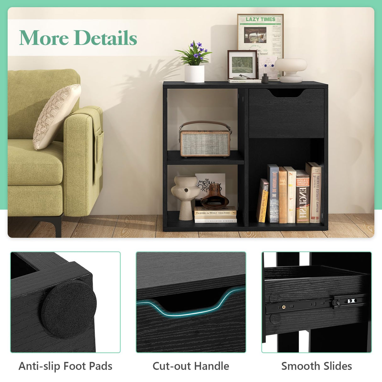 Giantex 3 Cube Bookcase with Drawer, 2 Tier Bookshelf for Small Spaces, Modern Freestanding Display Rack with Open Shelves, Book Case, Wood Cube Storage Organizer Bedroom Living Room, Black Giantex