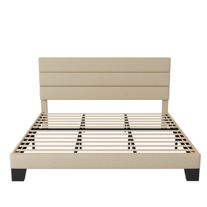 Allewie King Size Upholstered Bed Frame with Wooden Slats - No Box Spring Required, Easy Assembly in Beige - WoodArtSupply