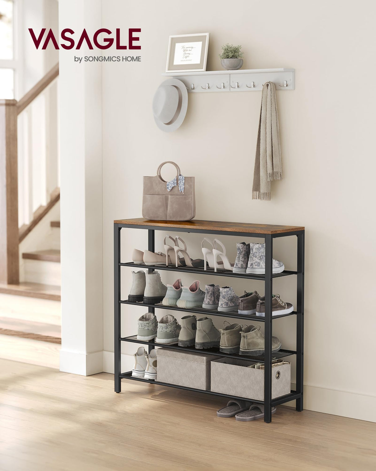 VASAGLE Shoe Rack, 5-Tier Shoe Storage Organizer with 4 Metal Mesh Shelves for 16-20 Pairs and Large Surface for Bags, for Entryway, Hallway, Closet, Industrial, Rustic Brown and Black ULBS15BX VASAGLE