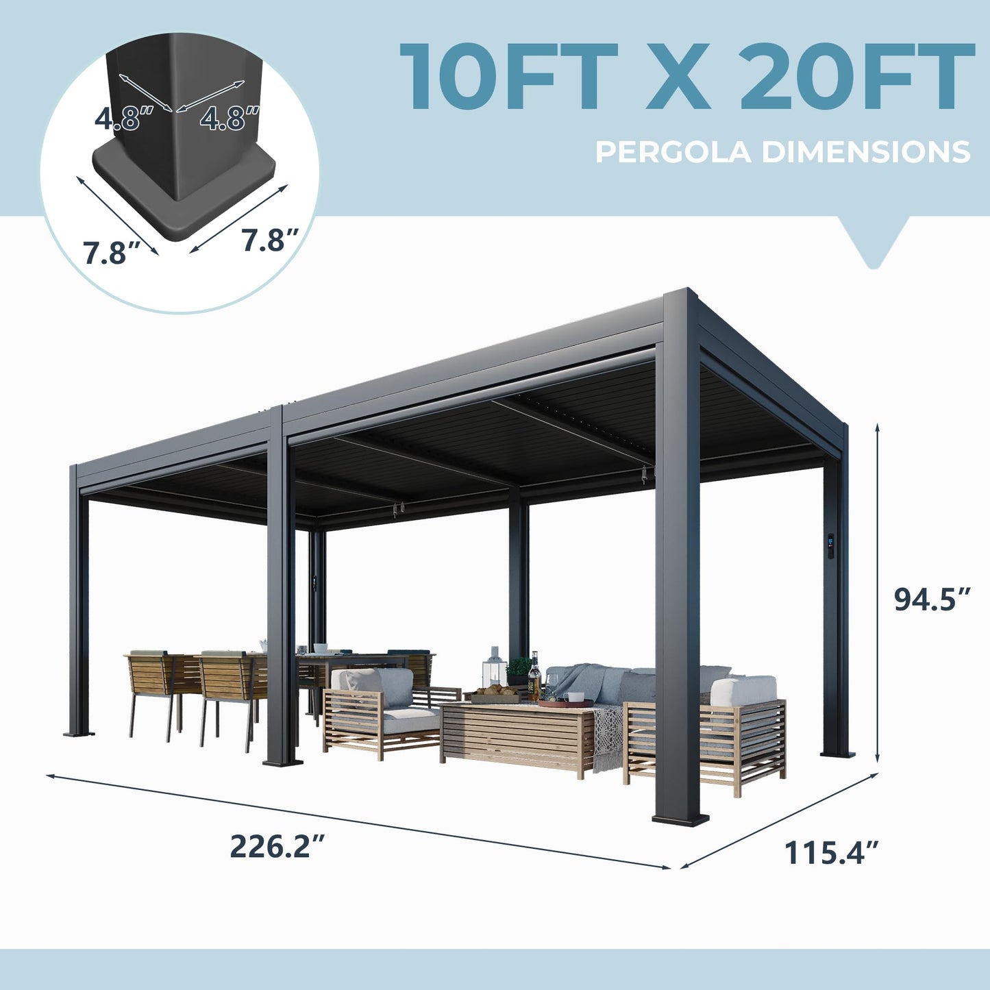 YOLENY Electric Louvered Pergola 10x20, Solar and Electric Powered, Integrated LED and 6 Side Screens, Full Aluminum Frame and Louvers, Adjustable Rainproof Roof for Outdoor Living, Black