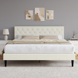 HOMBCK King Size Bed Frame with Headboard, Linen Fabric Upholstered Platform Bed Frame, Button Tufted Bed Frame King, Wooden Slat Support, No Box Spring Needed, Easy Assembly, Cream HOMBCK