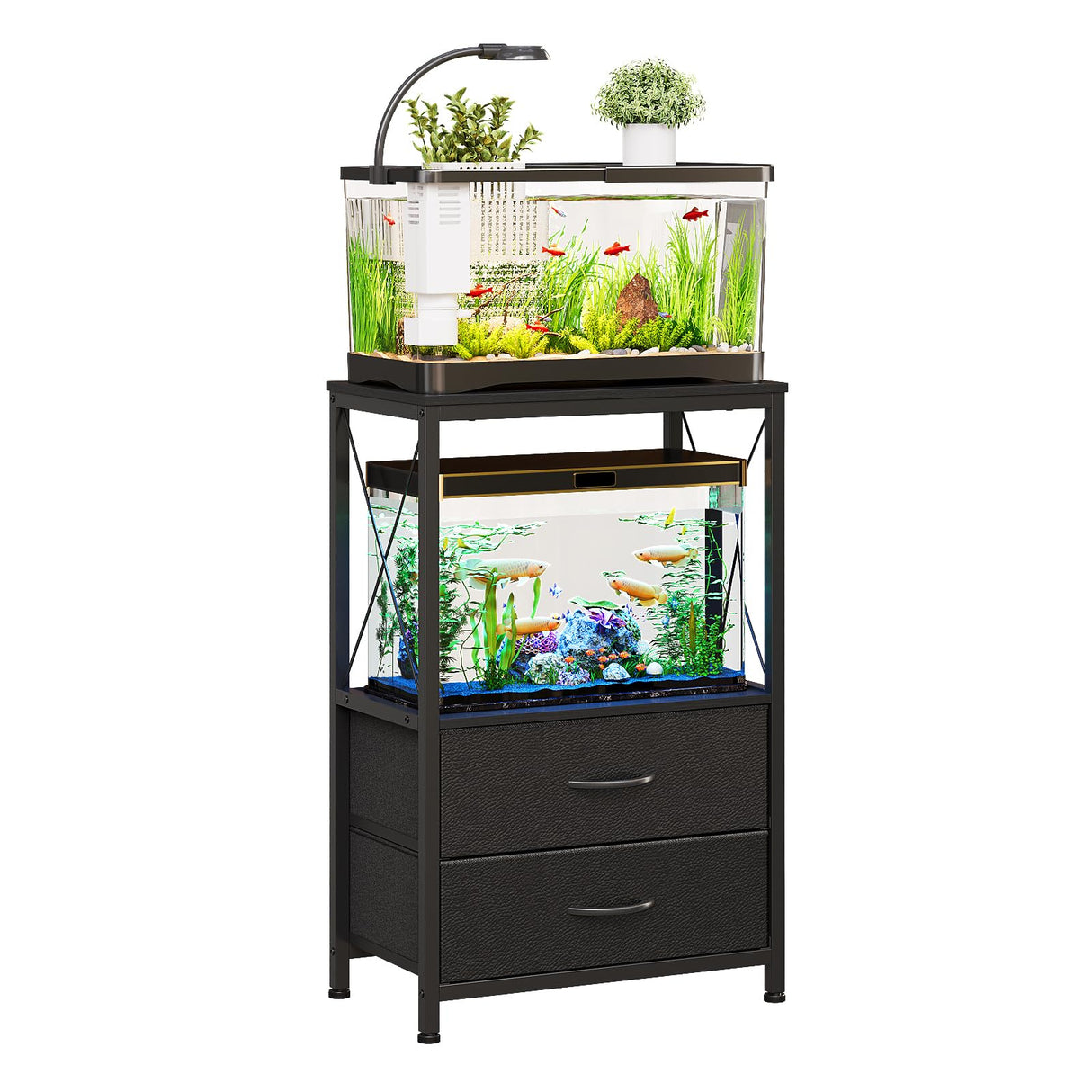 Welfuturer Aquarium Stand 10 Gallon with 2-Tier Shelf, Fish Tanks Stand with 2 Drawers, Metal Frame Heavy Duty Reptile/Turtle Tank Stand for Home Office, Fish Tanks Accessories Storage, Black Welfuturer