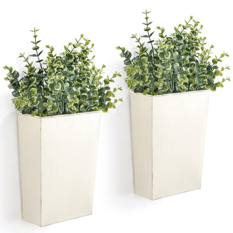 Dahey 2 Packs Metal Wall Planter with Artificial Plants, Farmhouse Wall Decor Hanging Wall Vase Boxs Galvanized Flowers Holder for Country Rustic Home Wall Decor, White Dahey