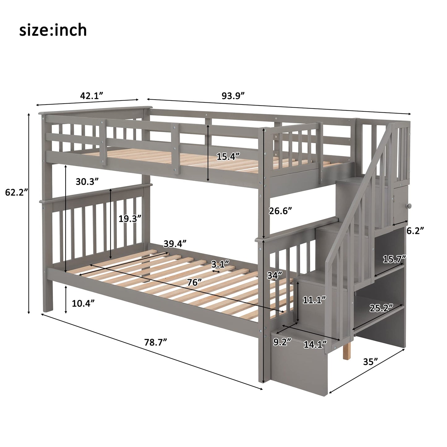 Harper & Bright Designs Twin Over Twin Bunk Bed with Stairs, Solid Wood Bunk Bed Frame with Storage and Guard Rail for Bedroom, Dorm, for Kids, Teens, Adults (Gray)