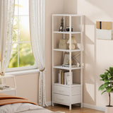 Furnulem 5-Tier Corner Shelf, Narrow Bookshelf with 2 Storage Drawers, Tall Bookcase, Standing Shelf Organizer Unit for Living Room, Bedroom, Metal Frame, Wood Display Shelf(White) Furnulem