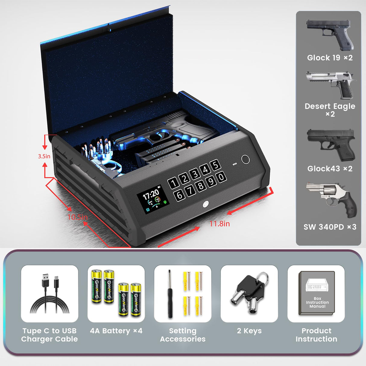 WodPeace Gun Safe for Pistols,Biometric Gun Safe,Fast Access Handgun Lock with Internal Light, Multi-Info Display Screen,Silent Mode,Fingerprint/PIN Code/KEY,Smart Box for Bedside Nightstand Car wodpeace