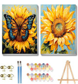 2 Pack Framed Paint by Numbers Kit for Adults - with Wooden Easel, Sunflowers Paint by Numbers Kit for Adults Framed, DIY Butterfly Paint by Numbers with Frame for Home Wall Decor 8x12 Inch askkqtx