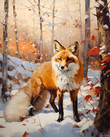 QACEYID DIY Canvas Acrylic Paint Kits, Animal Fox, Autumn Forest Snow Scene, Paint by Number Kit for Beginners and Ideal for Home Decor, 40x50cm, Without Frame QACEYID