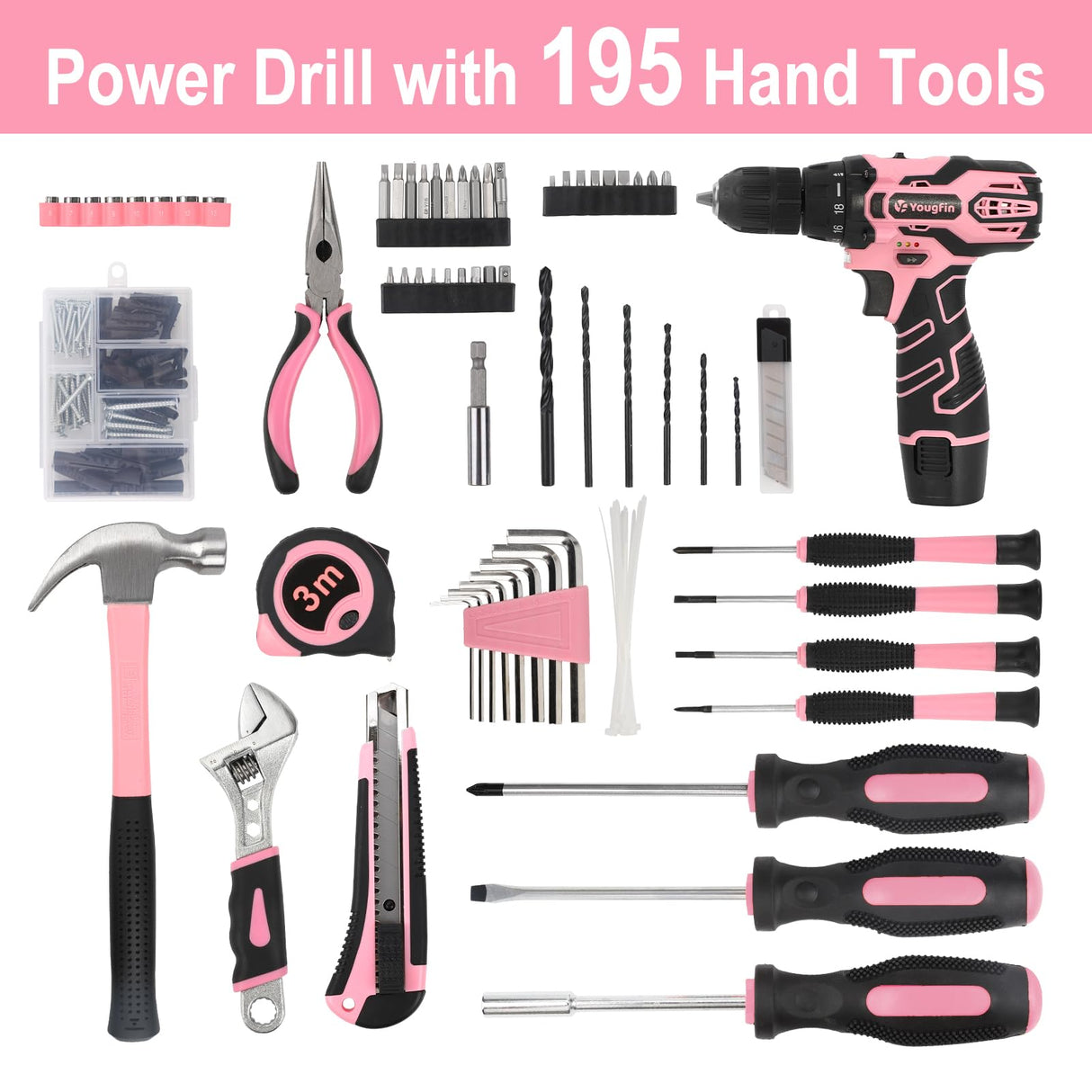 YOUGFIN Pink Drill Set for Women, Tool Kit with Drill 12V or Home Office Repairing & Improvement, Household Drill Set Power Tool with Pink Tool Box 195 Pieces Yougfin