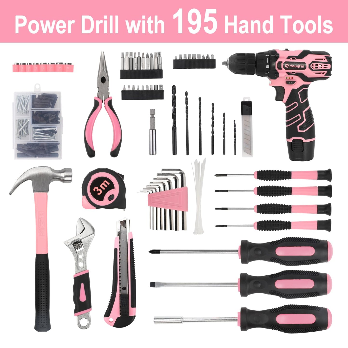 YOUGFIN Pink Drill Set for Women, Tool Kit with Drill 12V or Home Office Repairing & Improvement, Household Drill Set Power Tool with Pink Tool Box 195 Pieces