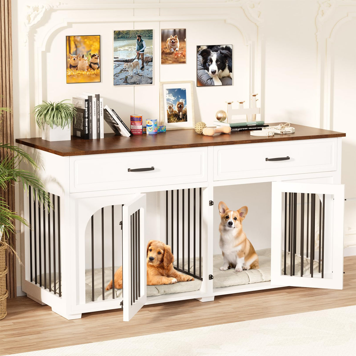 EBE Dog Crate Furniture, 63''Wooden Dog Crate with 2 Drawers and Removable Divider, Dog Kennel Indoor Furniture with Double Rooms, Heavy Duty Dog Crate Table Indoor TV Stand for Small Medium Dogs EBE