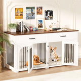 EBE Dog Crate Furniture, 63''Wooden Dog Crate with 2 Drawers and Removable Divider, Dog Kennel Indoor Furniture with Double Rooms, Heavy Duty Dog Crate Table Indoor TV Stand for Small Medium Dogs EBE
