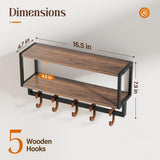 Orapoke Wall Shelf with Hooks, 2 Tier Coat Rack Wall Mount with Shelf for Entryway Farmhouse Living Room, 5 Wooden Decorative Wall Hooks for Hanging Coat Jackets Hats Towel Key (16.5") Orapoke