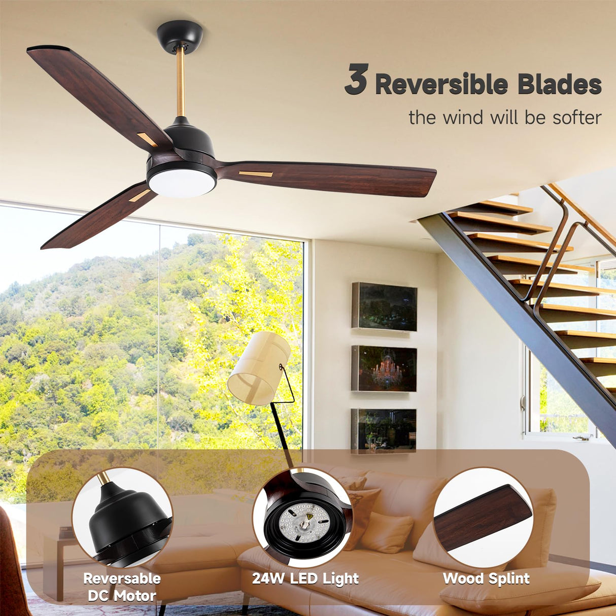 AUNLPB 60 inch Farmhouse Rustic Ceiling Fans with Lights, Solid Wood Ceiling Fan, Outdoor Ceiling Fans for Patios Waterproof, DC Reversible Motor High CFM Large Ceiling Fan for Exterior, Front Porch AUNLPB