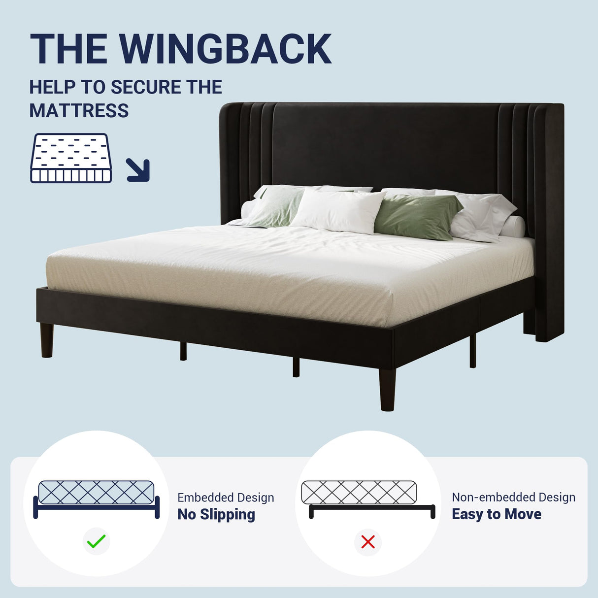 Allewie King Size Velvet Platform Bed Frame with Vertical Tufted Wingback Headboard, Easy Assembly, Under Bed Storage, No Box Spring Required, Modern Style, Black Allewie