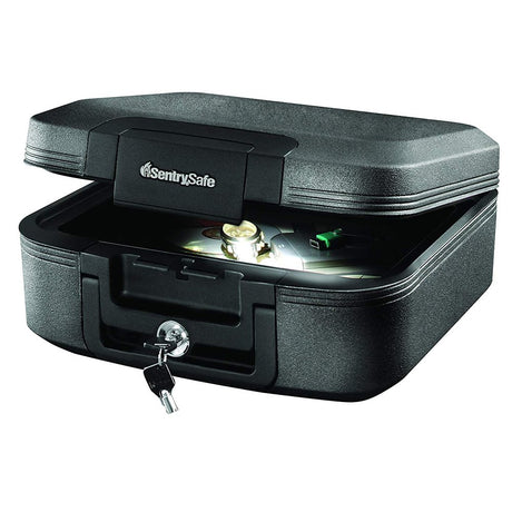 SentrySafe Fireproof and Waterproof Chest Box with Key Lock, Black Travel Safe with Interior Lighting and Carrying Handle, 0.28 Cubic Feet, 6.6 x 15.4 x 14.3 Inches, CHW20205 SentrySafe