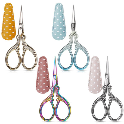 Honoson 4 Pcs Sewing Embroidery Scissors with 4 Pcs Artificial Leather Cover 3.6 Inch Stainless Steel Stork Scissors Vintage Embroidery for Needlework Manual Sewing Handicraft(Retro Colors)