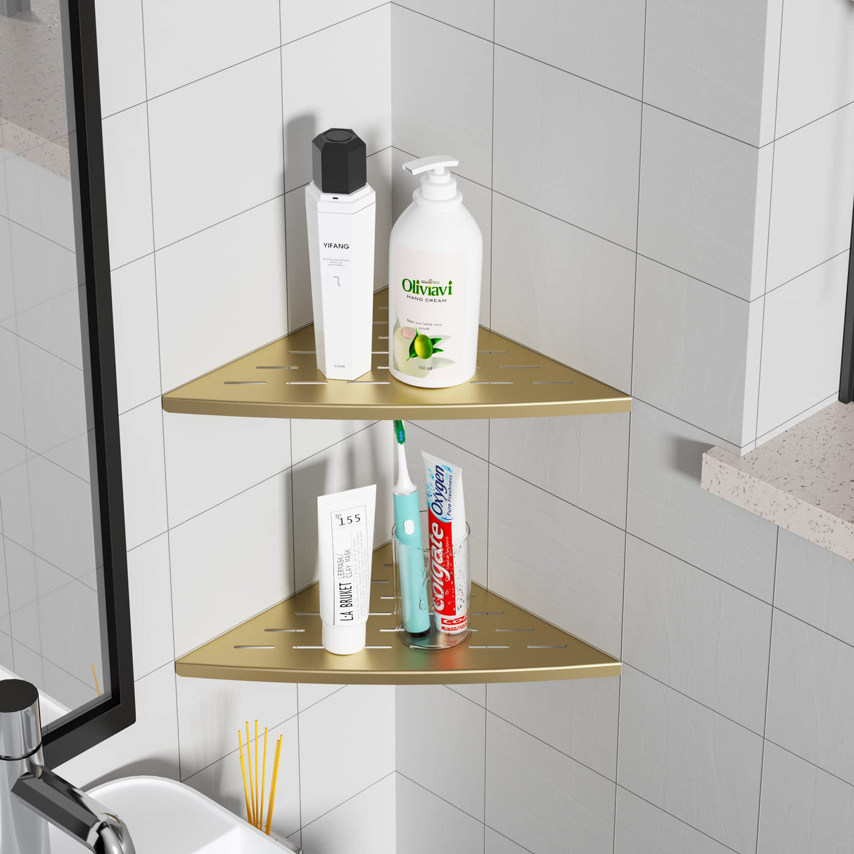 Qeke Corner Shower Shelf Brushed Golden, 304 Stainless Steel 11.5” Recessed Corner Shelf Bathroom for Tiled Wall, Floating Shower Shelves Shampoo Holder, No Drilling, 2 Pack Qeke