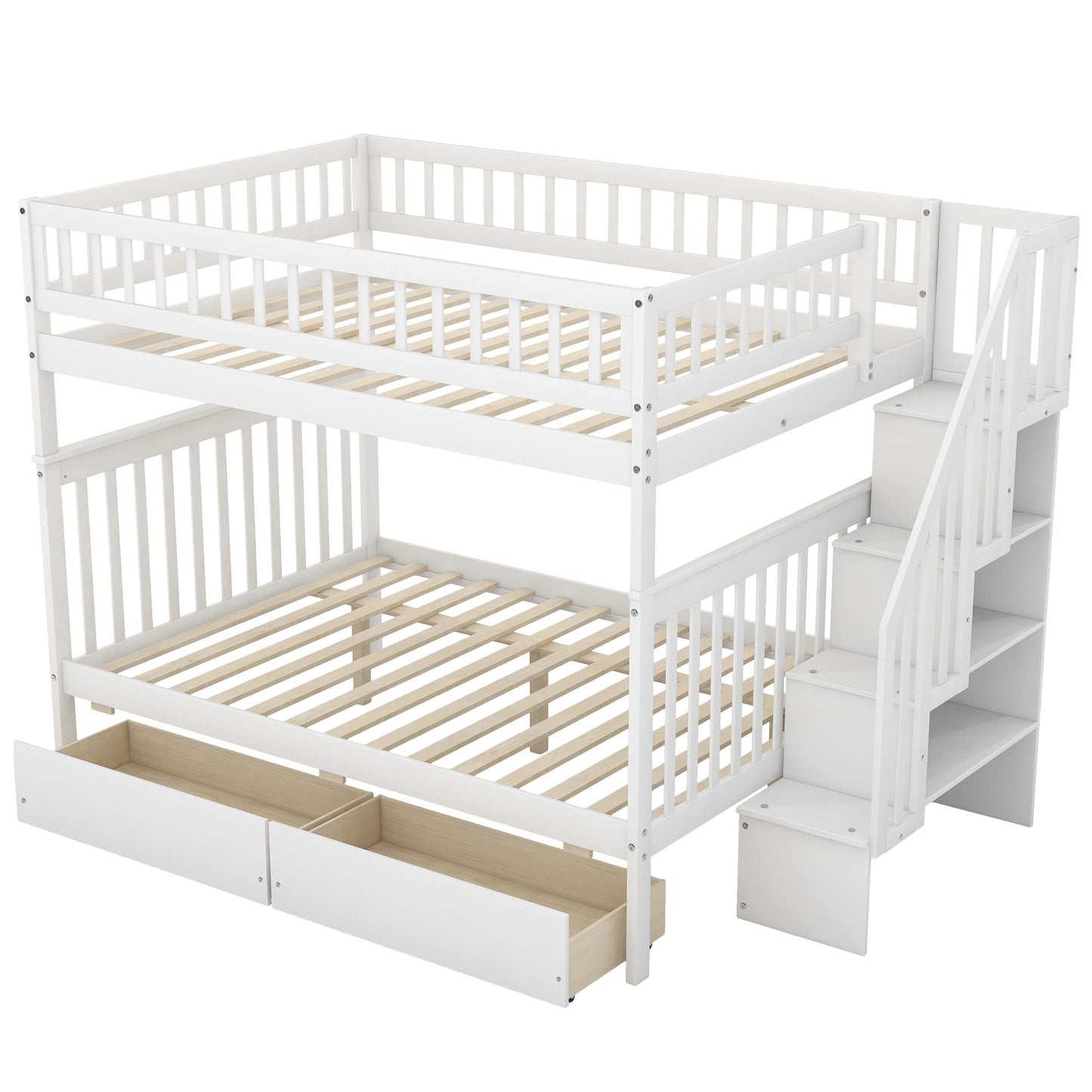 Harper & Bright Designs Modern White Full Over Full Bunk Bed with Stairs and Storage Drawers