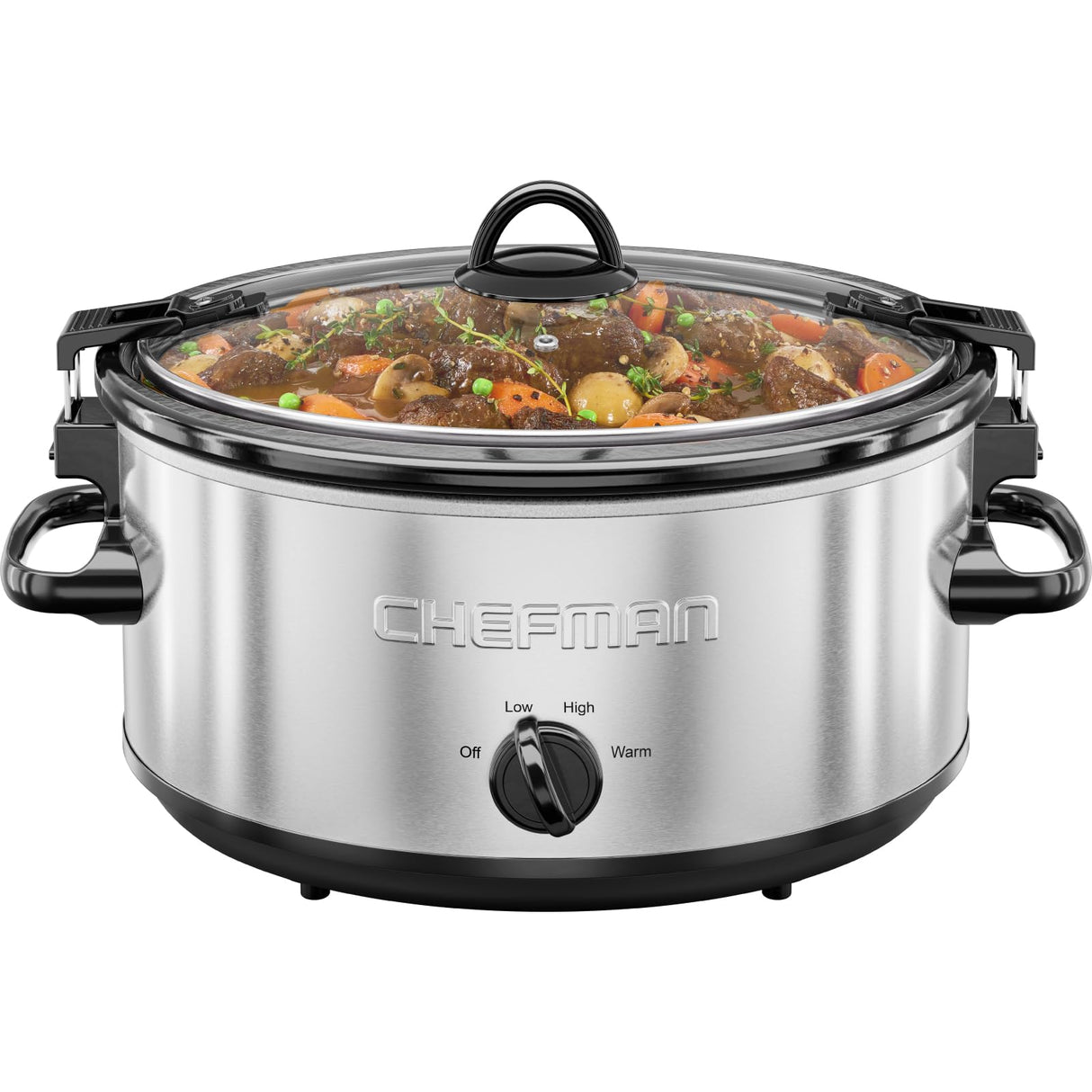 Chefman 6 Quart Slow Cooker with Locking Lid, Ceramic Crock with Portable Cook and Carry Travel Latching Lock, Large Easy Clean Dishwasher Safe Pot Insert, Manual 3 Heat Settings, Stainless Steel Chefman